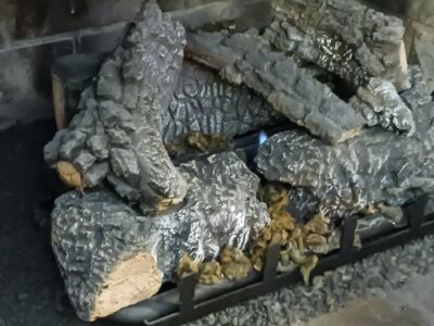 a tiny flame almost hidden by logs covered with ashes