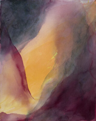 An abstract image in red, orange, purple, and black